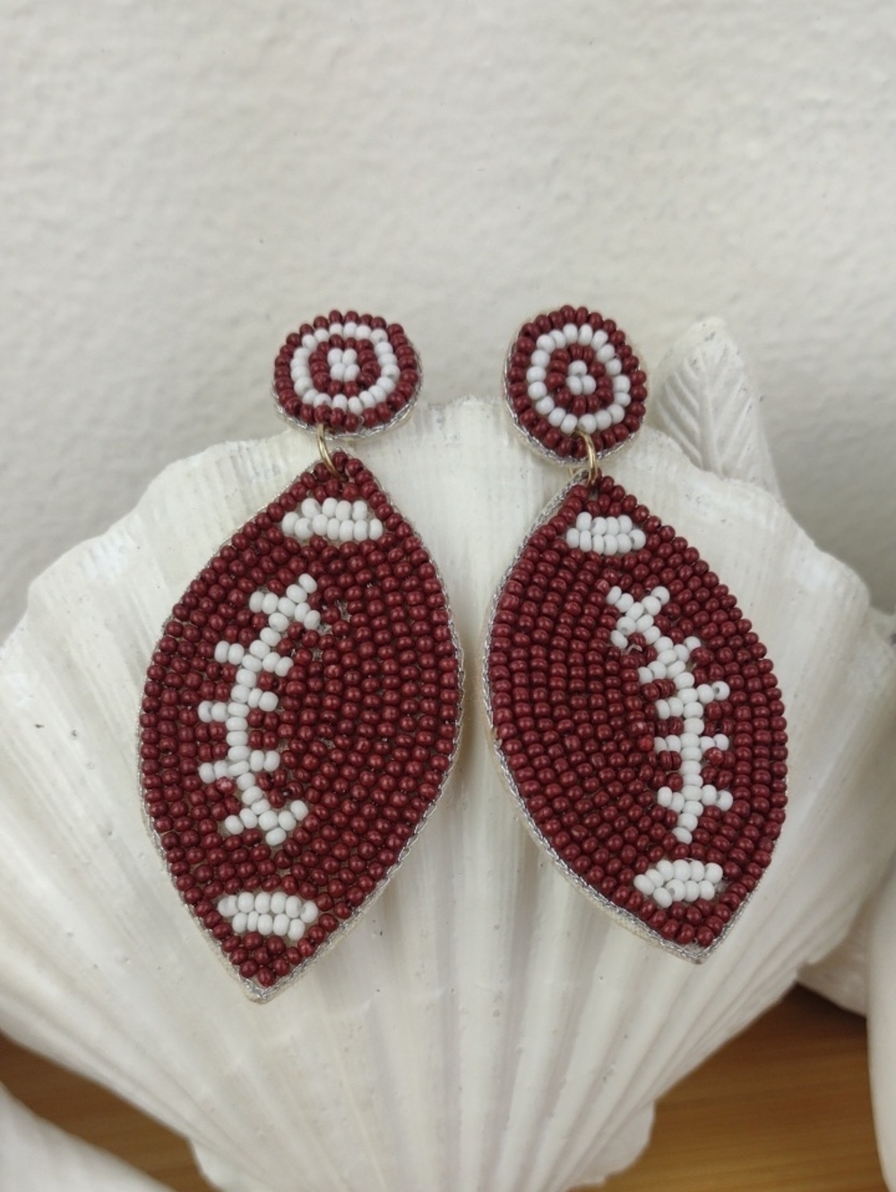 Burgundy Brown & White Detailed Beaded Football Post Drop Earrings